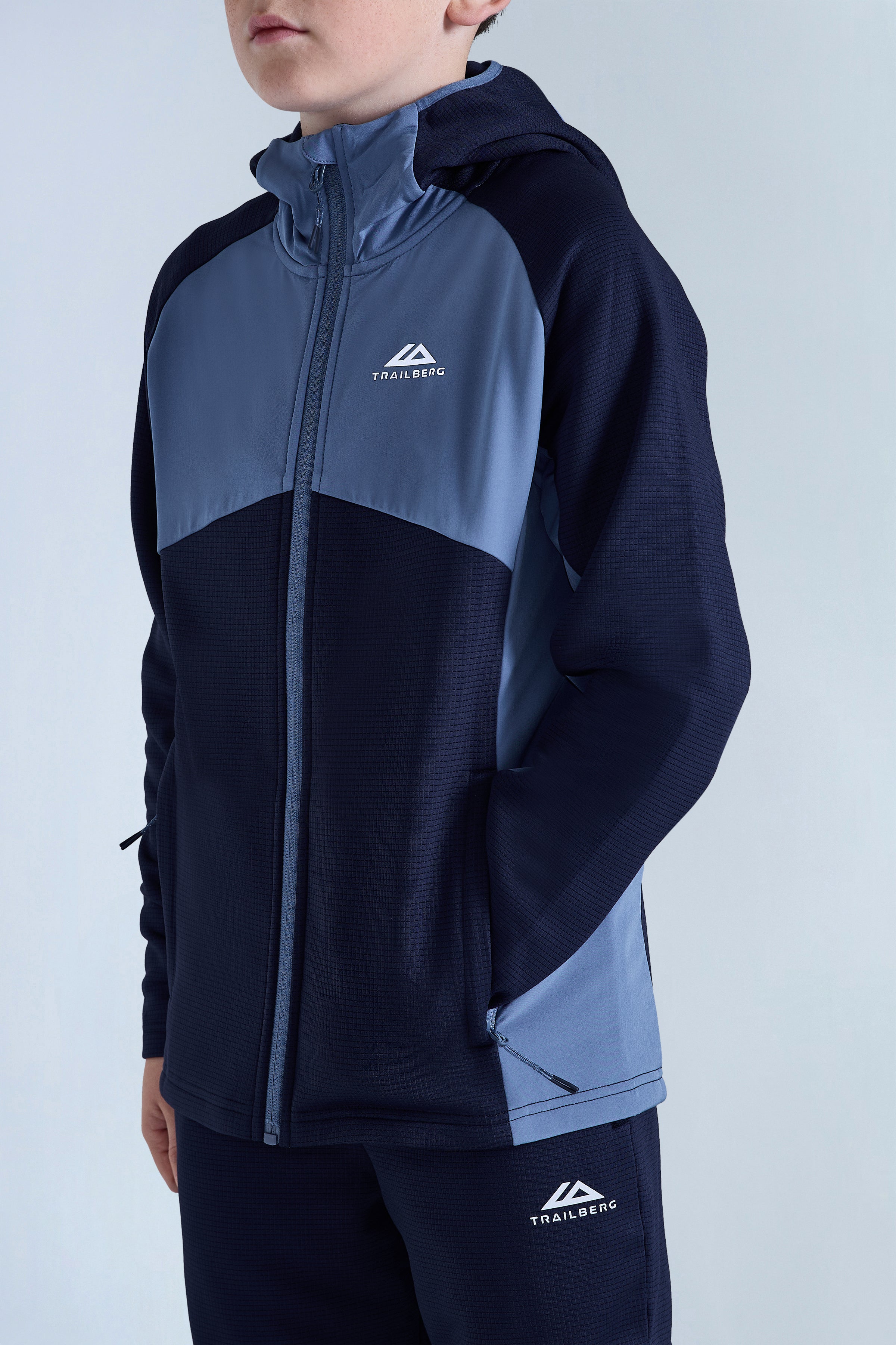 Boys Ice Gridded Fleece Hood - Navy Blue/Blue Essence