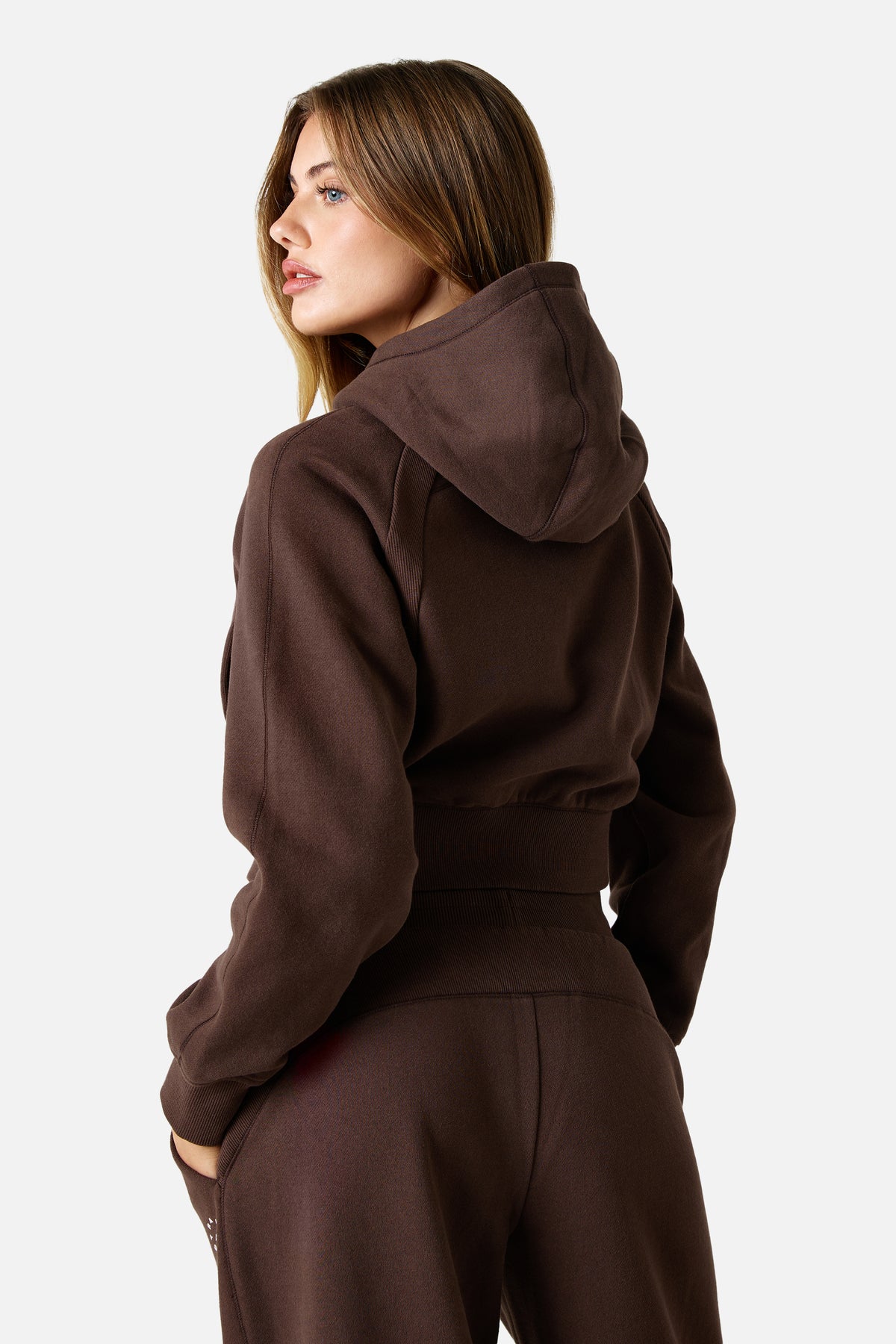 Womens Sculpt Fleece Cropped Hood - Bitter Chocolate